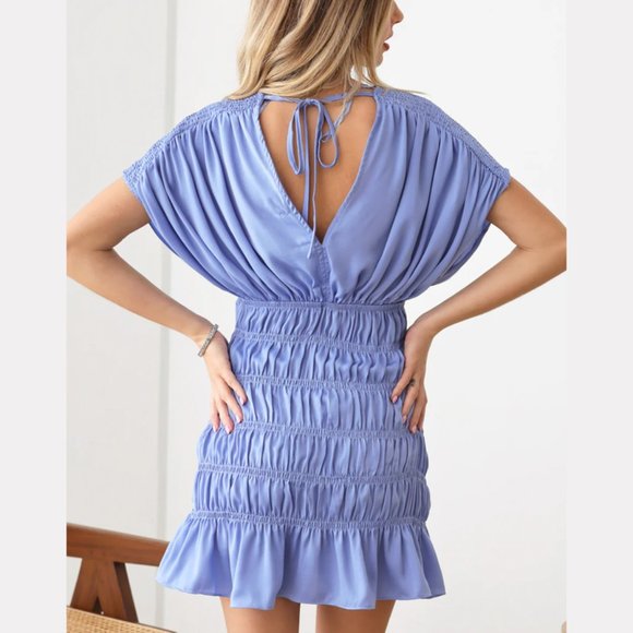 Ruched Tie Back Blue Dress - Picture 1 of 7